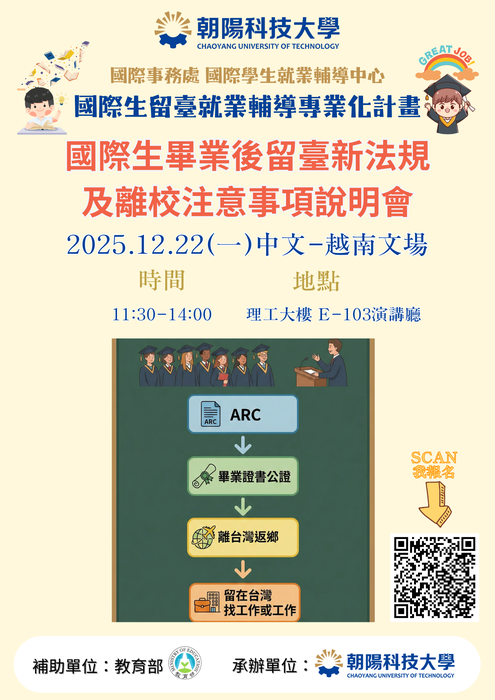 【2025.12.22】114學年度國際生畢業後留臺就業新法規及離校注意事項說明會(中文-越南文場) 📢12/10開放報名圖片