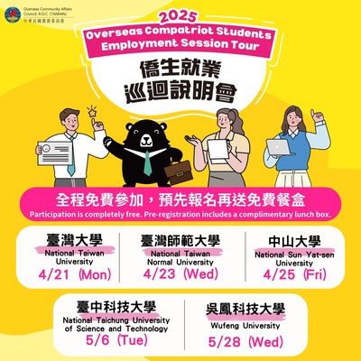 【留臺就業資訊】104人力銀行將辦理由僑務委員會主辦之2025年僑生就業巡迴說明會