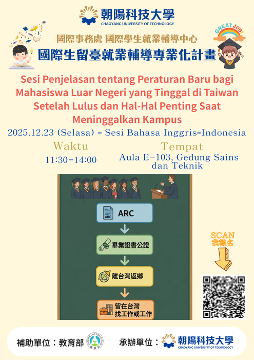 【2025.12.23】114學年度國際生畢業後留臺就業新法規及離校注意事項說明會(英文-印尼文場) 📢12/10開放報名圖片