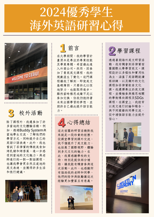 【2024 海外英語研習-菲律賓拉普拉普宿霧國際大學】心得海報圖片
