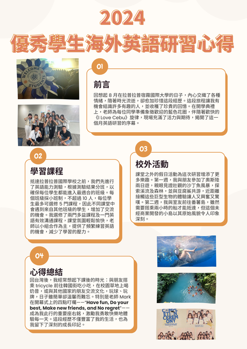 【2024 海外英語研習-菲律賓拉普拉普宿霧國際大學】心得海報圖片